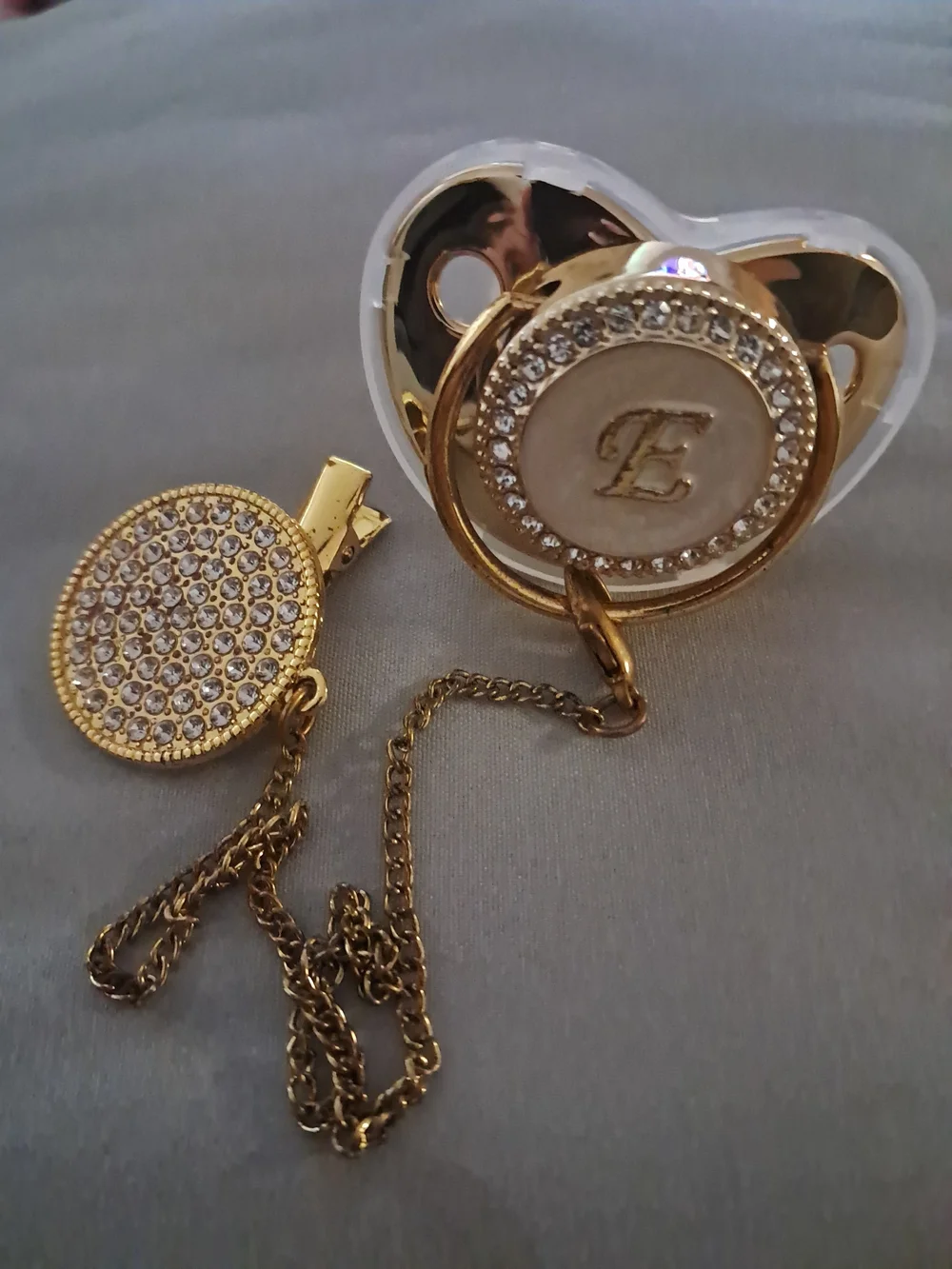 Gold Rhinestone Pacifier Clip with Initial E Charm